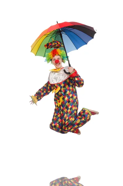 有雨伞的小丑，与白色隔离 — 图库照片