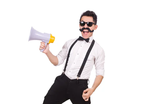 Emotional man with loudspeaker isolated on white — Stock Photo, Image