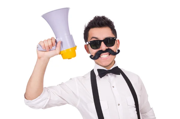 Homme émotionnel avec haut-parleur isolé sur blanc — Photo