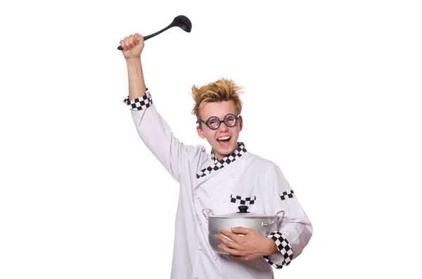 Funny chef holding pan and spoon isolated on white — Stock Photo, Image