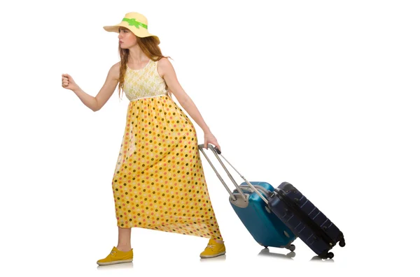 Woman ready for summer travel isolated on white — Stock Photo, Image