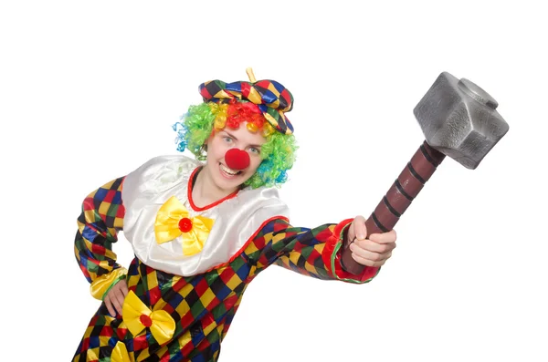 Clown with hammer isolated on white — Stock Photo, Image