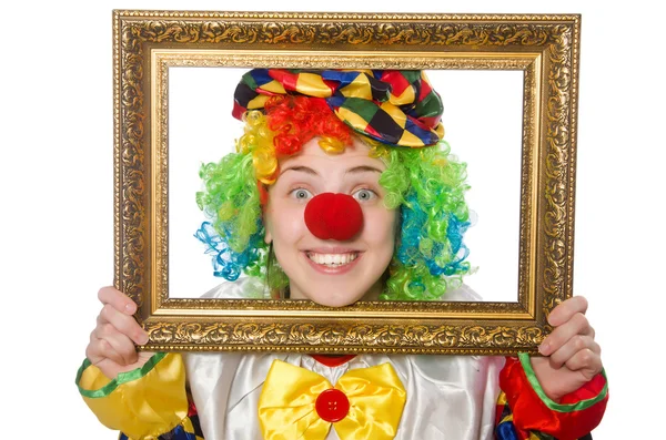 Lustige Clown-Mädchen mit Rahmen isoliert auf weiß — Stockfoto