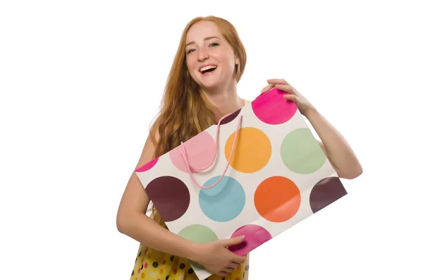 Mujer con bolsas aisladas en blanco — Foto de Stock