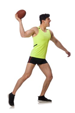 Amerikan futbolu üzerine beyaz izole çalmaya adam