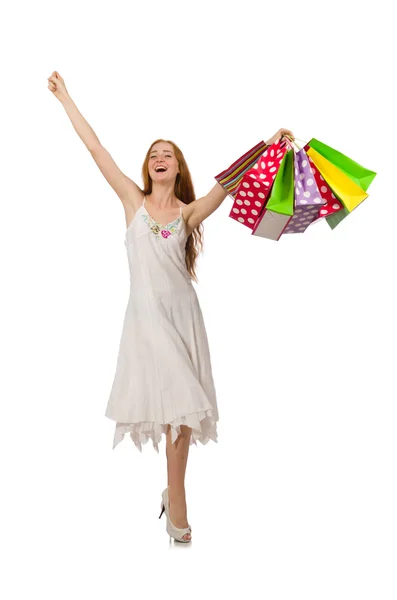 Mulher com sacos de compras isolados em branco — Fotografia de Stock