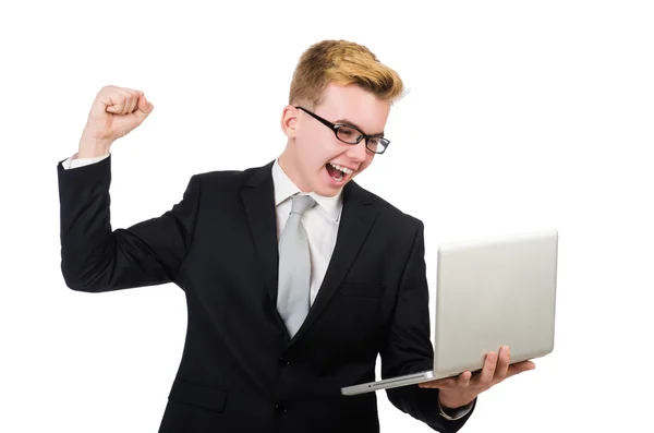 Jovem empresário com laptop isolado em branco — Fotografia de Stock