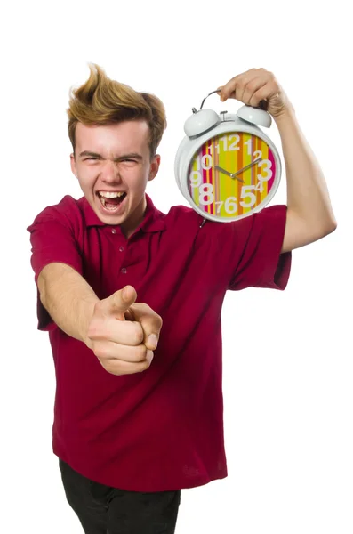 Estudiante con reloj despertador aislado en blanco —  Fotos de Stock