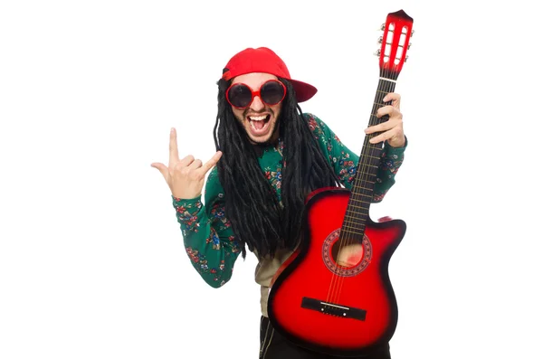 Mann mit Gitarre im musikalischen Konzept auf weiß — Stockfoto