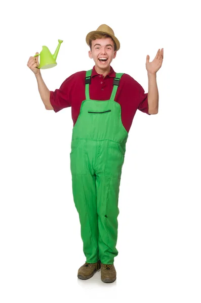 Young gardener with watering can isolated on white — Stock Photo, Image