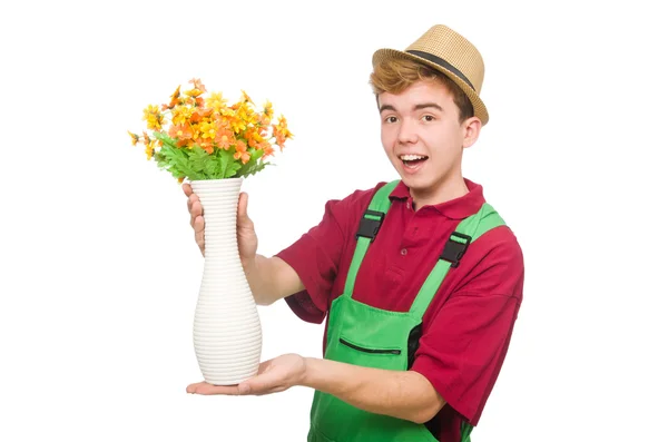 Giovane giardiniere con fiore isolato su bianco — Foto Stock