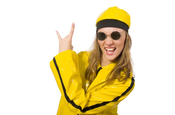 Mujer en traje amarillo aislado en blanco —  Fotos de Stock