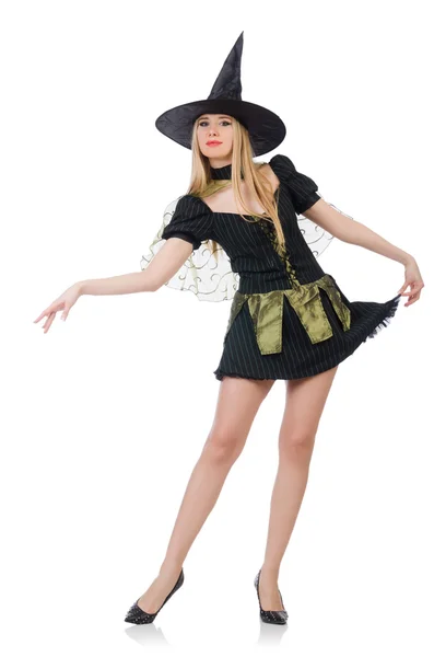 Beautiful witch in black dress isolated on white — Stock Photo, Image