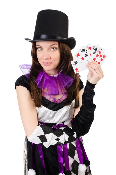 Όμορφο κορίτσι στο jester κοστούμι με κάρτες που απομονώνονται σε λευκό — Φωτογραφία Αρχείου