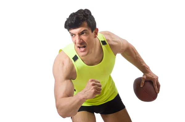 Hombre jugando fútbol americano aislado en blanco — Foto de Stock