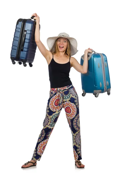 Vrouw klaar voor zomer reizen geïsoleerd op wit — Stockfoto