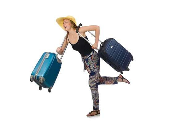 Woman ready for summer travel isolated on white — Stock Photo, Image