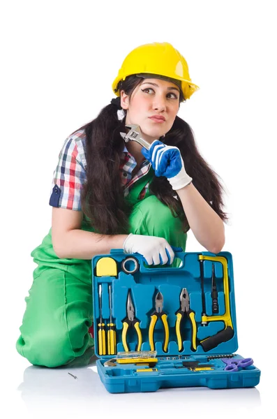 Female workman in green overalls isolated on white — Stock Photo, Image