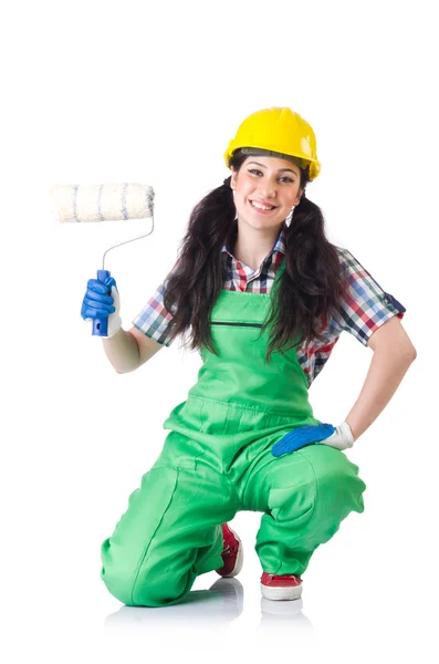 Trabalhadora feminina em macacão verde isolado em branco — Fotografia de Stock