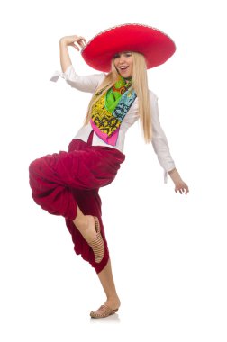 Meksikalı kız sombrero ile beyaz üzerinde dans ediyor