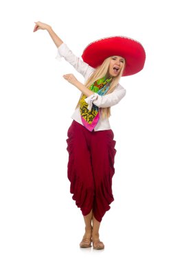 Meksikalı kız sombrero ile beyaz üzerinde dans ediyor