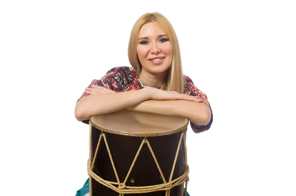 Mulher com tambor isolado no branco — Fotografia de Stock
