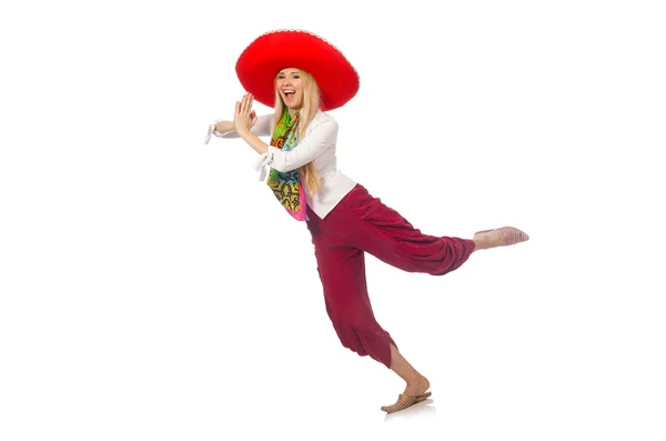 Mexicaans meisje met sombrero dansen op wit — Stockfoto