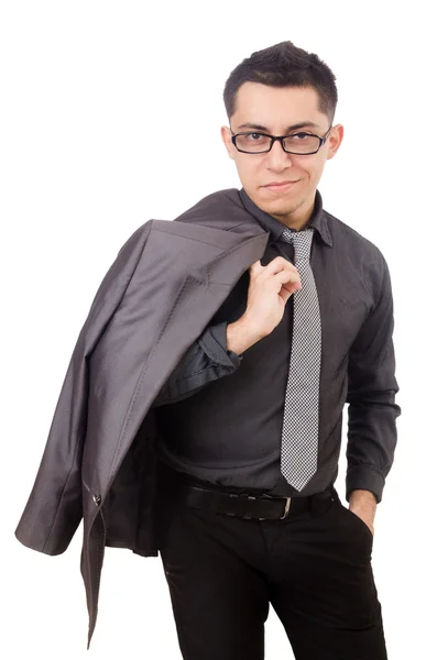 Молодий чоловік у сірому костюмі ізольований на білому — стокове фото