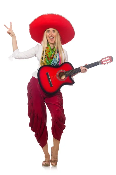 Woman wearing guitar with sombrero — Stock Photo, Image