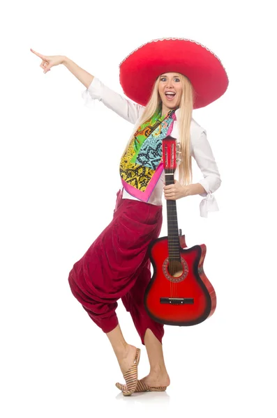 Woman wearing guitar with sombrero — Stock Photo, Image