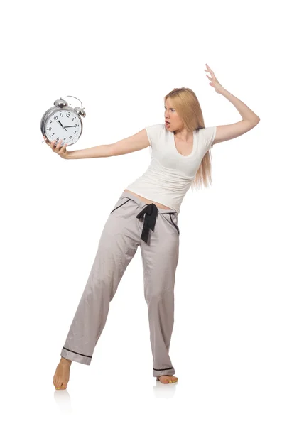 Žena s hodinami izolovanými na bílém — Stock fotografie
