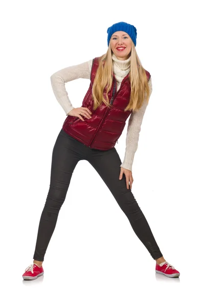 Blond hair girl in bordo vest isolated on white — Stock Photo, Image