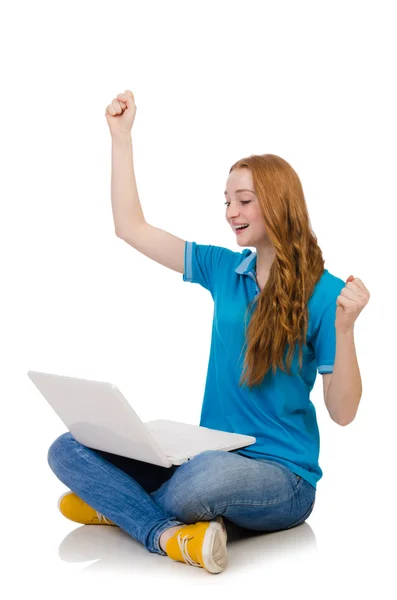 Studente con computer portatile isolato su bianco — Foto Stock