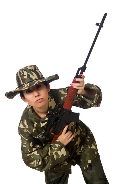 Femme avec des armes de sniper isolé sur blanc — Photo