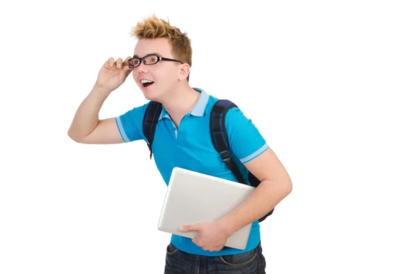 Student mit Laptop isoliert auf weiß — Stockfoto