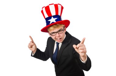 Amerikan şapkalı bir iş adamı beyazla izole edilmiş.