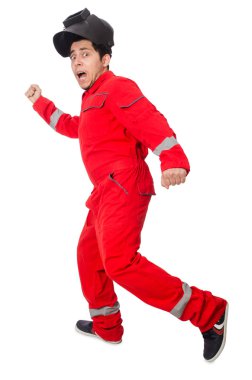 Beyaz üzerine izole komik kaynakçı