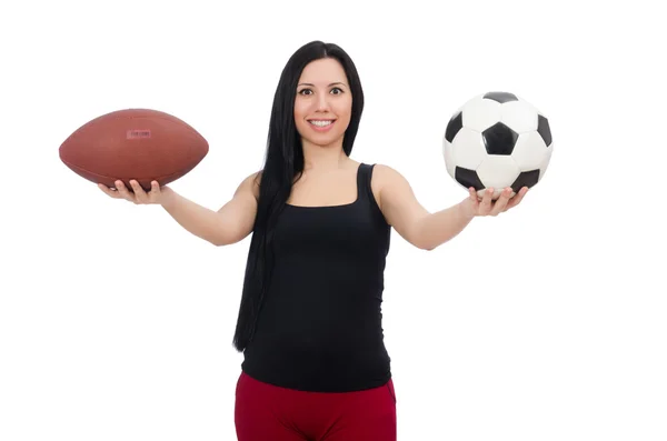 Frau mit Fußball isoliert auf weiß — Stockfoto