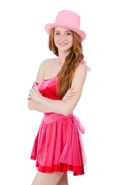 Bastante joven mago en mini vestido rosa aislado en blanco —  Fotos de Stock