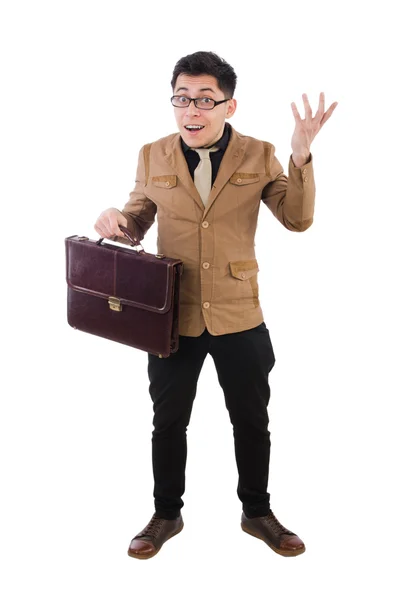 Young man with brown briefcase isolated on white — Stock Photo, Image