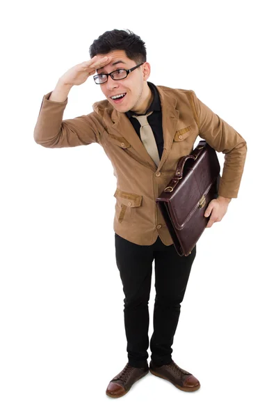 Hombre joven con maletín marrón aislado en blanco — Foto de Stock