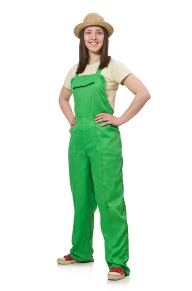 Vrouw in groene uniform geïsoleerd op wit — Stockfoto