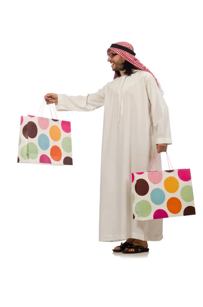 Arabische man met boodschappentassen op wit — Stockfoto