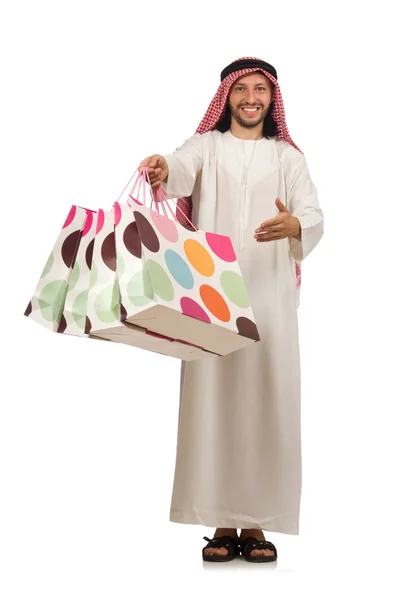 Emiraty człowiek z torby na zakupy na biały — Zdjęcie stockowe