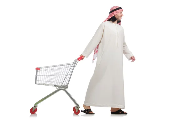 Hombre árabe haciendo compras aislado en blanco — Foto de Stock