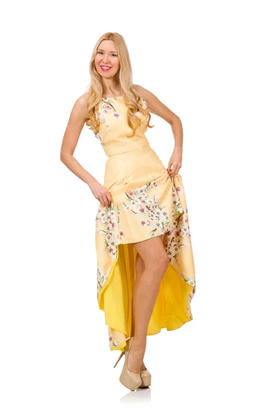 Blondýny dívka v půvabných šatech s květinovými potisky izolované na whit — Stock fotografie