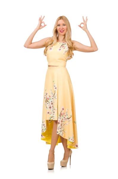 Blond meisje in charmante jurk met bloem afdrukken geïsoleerd op wit — Stockfoto