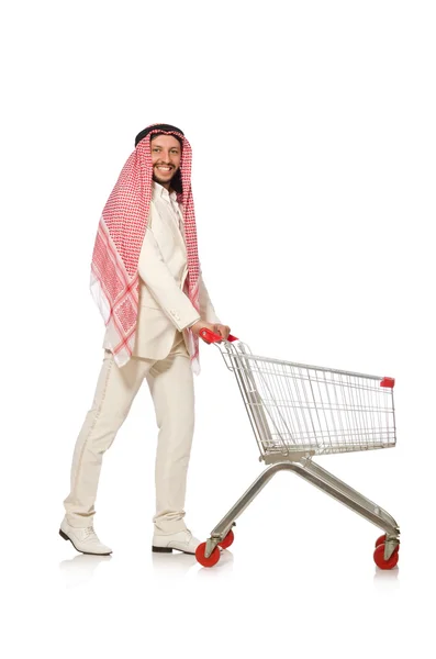 Arabische man doet winkelen geïsoleerd op wit — Stockfoto