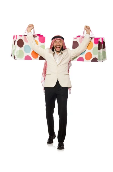 Arab man with shopping bags on white — Stock Photo, Image