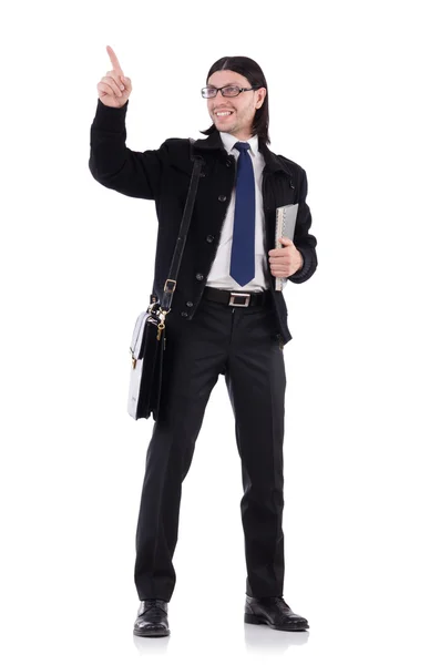 Young businessman holding briefcase isolated on white — Stock Photo, Image